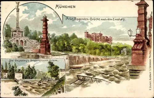 Litho Bogenhausen München, eingestürzte Bogenhausener Brücke, Prinzregentenbrücke n. d. Einsturz