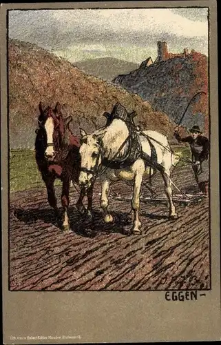 Künstler Ak Eggen, Bauer mit Pferdepflug auf dem Feld