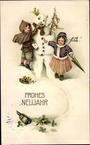 Ak Glückwunsch Neujahr, Kinder mit Schneemann, Kleeblätter, Sektflasche