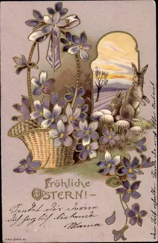 Präge Ak Glückwunsch Ostern, Osterhasen, Korb mit Veilchen
