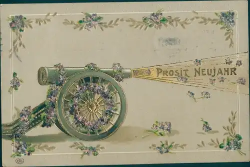 Präge Ak Glückwunsch Neujahr, Kanone, Veilchen