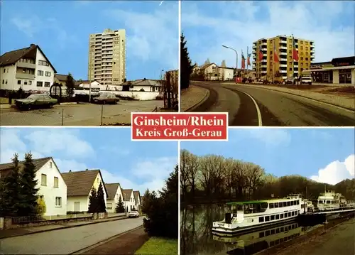Ak Ginsheim Gustavsburg am Rhein, Hochhaus, Schiff Mainz, Wohnsiedlung