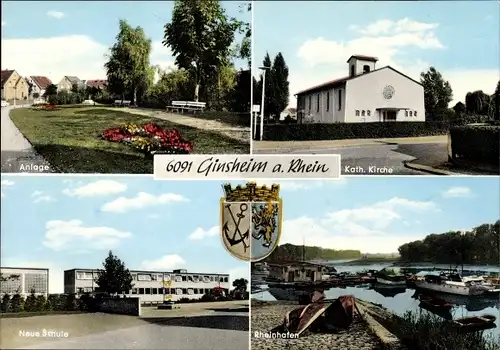 Wappen Ak Ginsheim Hessen, Parkanlage, Kath Kirche, Neue Schule, Rheinhafen