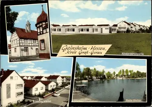 Ak Geinsheim Trebur am Rhein Hessen, Kindergarten, Rathaus, Neues Viertel, Bade Weiher