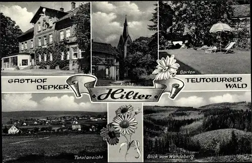 Ak Hilter am Teutoburger Wald, Gasthof Depker, Kirche, Totale, Wald