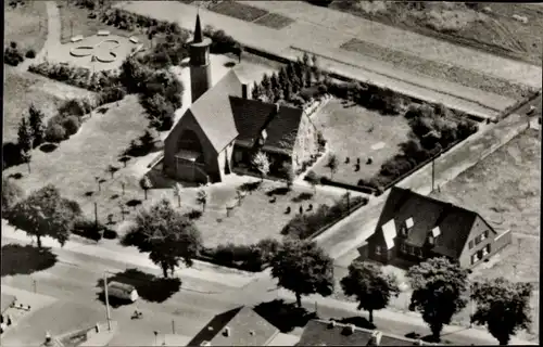 Ak Scherpenberg Moers am Rhein, Kirche aus der Vogelschau