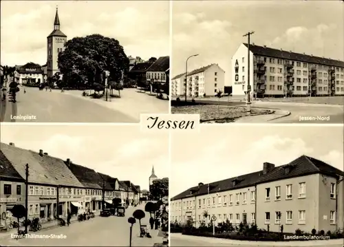 Ak Jessen an der Elster, Leninplatz, Landambulatorium, Straßenansichten