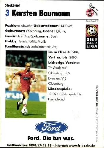 Ak Fußballer Karsten Baumann, Portrait, Autogramm, Reklame, Bundesliga, Ford, 1. FC Köln