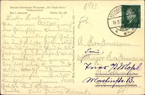 Ak Kleingemünd Neckargemünd in Baden Württemberg, Menzers Griechische Weinstube Zur Stadt Athen