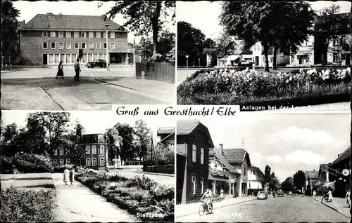 Ak Geesthacht im Herzogtum Lauenburg, Rathaus, Parkpartie, Blumen, Straßenpartie, Fahrrad