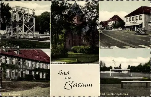 Ak Bassum in Niedersachsen, Bad, Stiftskirche, Bremerstraße, Krankenhaus, Sportplatz