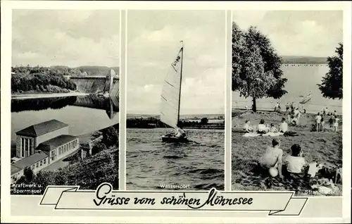 Ak Möhnesee in Westfalen, Kraftwerk, Sperrmauer, Segelboot, Strandbad