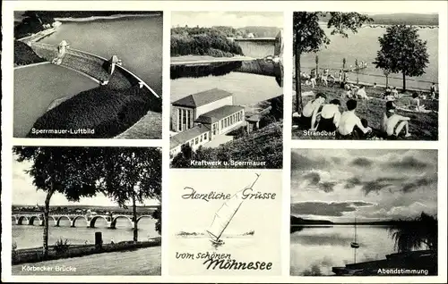 Ak Möhnesee Kreis Soest Nordrhein Westfalen, Sperrmauer, Brücke, Kraftwerk, Strandbad