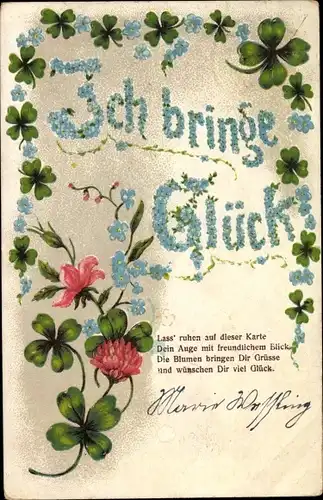 Ak Ich bringe Glück, Kleeblätter, Vergissmeinnicht