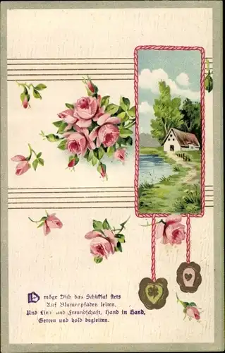 Präge Litho Landschaft mit Haus, Rosenblüten