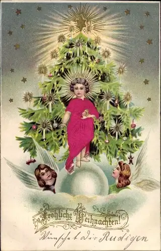 Präge Litho Glückwunsch Weihnachten, Christkind, Tannenbaum, Engel