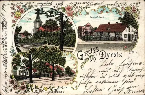 Litho Dyrotz Wustermark, Kirche, Gasthof Euen, Dorfstraße