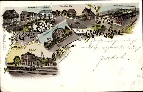 Litho Groß Gerau in Hessen, Unionbrauerei, Bahnhof Gleisseite, Krankenhaus, Steueramt, Gartenstraße