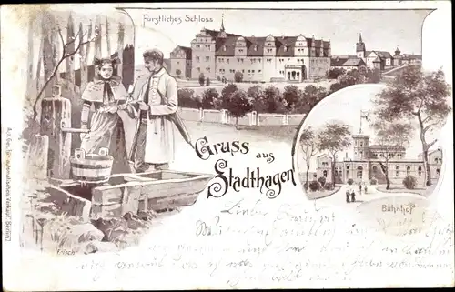 Litho Stadthagen in Niedersachsen, Bahnhof, Fürstl. Schloss, Wasserpumpe