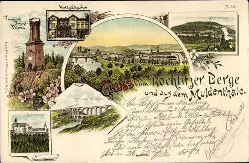 Litho Rochlitz an der Mulde, Waldschlösschen, Friedrich August Turm, Wechselburg, Göhrener Brücke