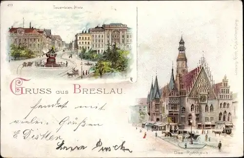 Litho Wrocław Breslau Schlesien, Rathaus, Tauentzien Platz