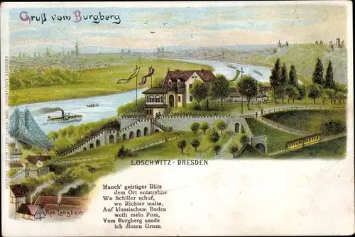 Künstler Litho Langbein, Rob., Dresden Loschwitz, Partie an der Elbe mit Dampfer vom Burgberg