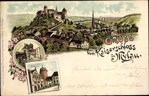 Litho Mylau Reichenbach im Vogtland, Kaiserschloss, Oberer Hof, Rathaus
