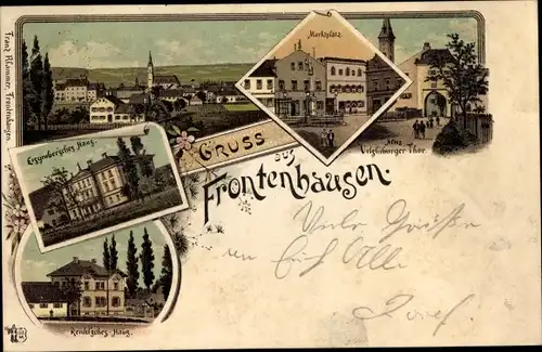 Litho Frontenhausen in Niederbayern, Marktplatz, Tor, Ortsansichten