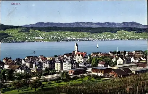 Ak Meilen Kanton Zürich, Blick auf den Ort, Bahnhof, Gleisseite