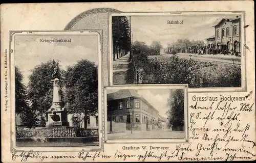 Ak Bockenem am Harz, Kriegerdenkmal, Bahnhof, Gleisseite, Gasthaus