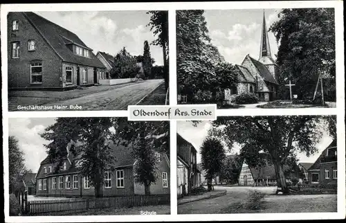 Ak Oldendorf im Kreis Stade, Geschäft H. Bube, Kirche, Schule, Dorfpartie