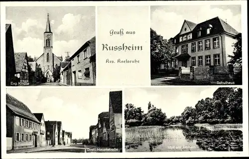 Ak Rußheim Dettenheim Baden Württemberg, Kirche, Schule, Straßenansichten, Altrhein