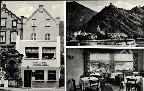 Ak Kamp Bornhofen am Rhein, Café Restaurant Mies, Teilansicht m. Ruine