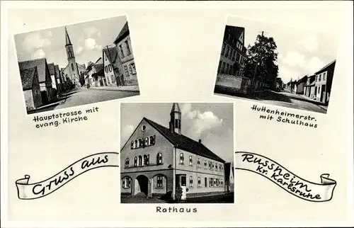 Ak Rußheim Dettenheim Baden Württemberg, Rathaus, Kirche, Hauptstraße, Schule