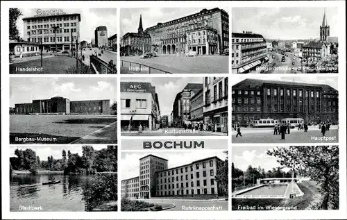 Ak Bochum im Ruhrgebiet, Bergbau Museum, Handelshof, Hauptpost, Rathaus, Freibad