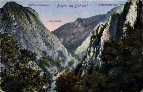 Ak Thale im Harz, Bodetal, Königsruhe, Rostrappenfelsen, Hexentanzplatz