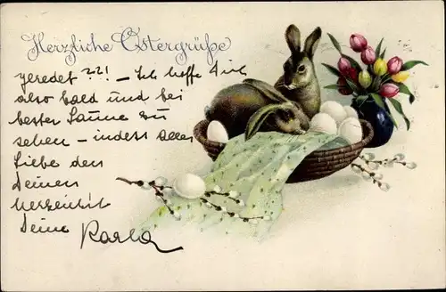 Ak Glückwunsch Ostern, Osterhasen, Eierkorb, Tulpenstrauß