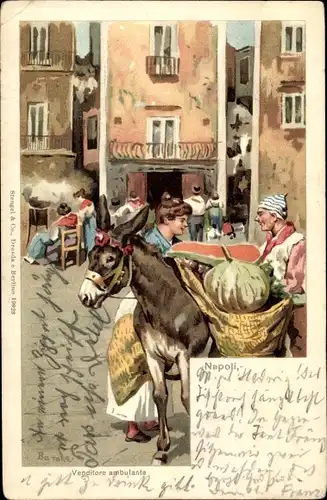 Künstler Litho Napoli Neapel Campania, Venditore ambulante, Straßenhändler, Esel, Trachten