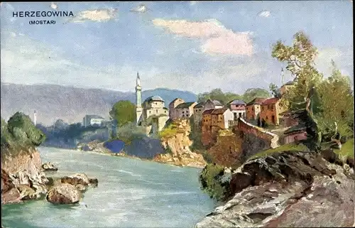 Ak Mostar Bosnien Herzegowina, Ort am Fluss