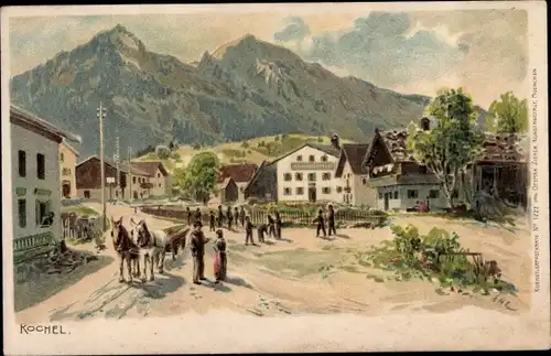 Litho Kochel am See in Oberbayern, Ortspartie