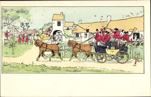 Künstler Ak Vierspännige Kutsche, Reiter in Trachten, Frankreich