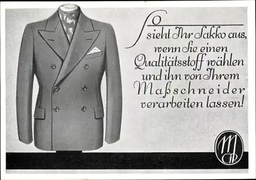 Künstler Ak Reklame, Sakko aus Qualitätsstoff, Anzug und Mantelstoffe 1931, MCR