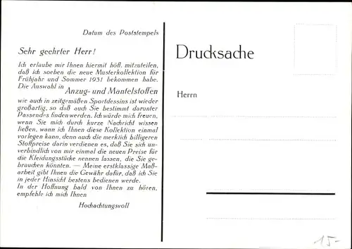 Künstler Ak Reklame, Sakko aus Qualitätsstoff, Anzug und Mantelstoffe 1931, MCR