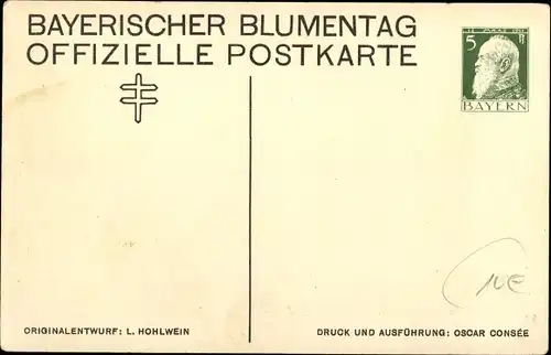 Künstler Ak Hohlwein, Ludwig, Mann im Frack mit Zylinder, Frau in grüner Jacke, Bayrischer Blumentag