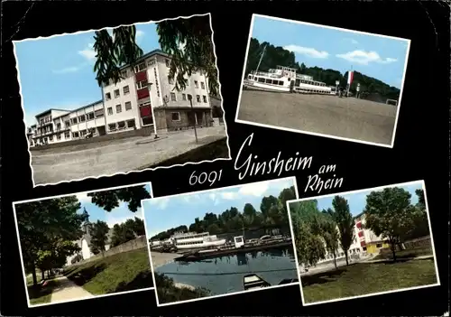 Ak Ginsheim Gustavsburg am Rhein, Fähre, Hotel, Kirche, Anlage