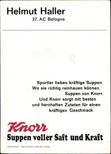 Autogrammkarte Fußballer Helmut Haller, AC Bologna, Reklame Knorr