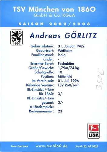 Autogrammkarte Fußballer Andreas Görlitz, TSV 1860 München