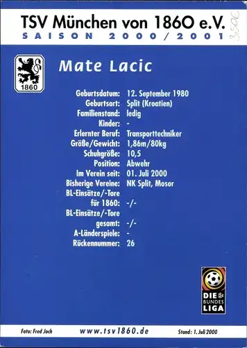 Autogrammkarte Fußballer Mate Lacic, TSV 1860 München