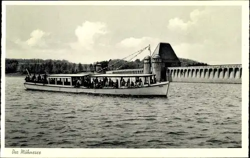 Ak Möhnesee, Partie an der Talsperre, Ausflugsdampfer, Motorbootverkehr Karl Schmitz