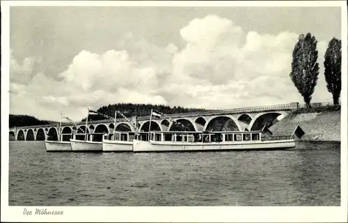 Ak Möhnesee, Motorbootverkehr Karl Schmitz, Brücke